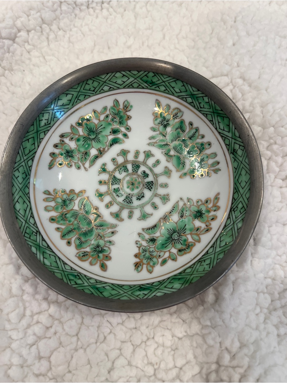 Vintage Japanese/Chinese Pewter Porcelain Low Bowl Plate, 5.75"